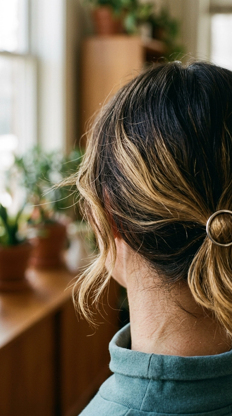 A close-up editorial shot focusing on the back of a woman's head, showing a soft transition from dark brunette roots to honey-blonde ends. The hair has a natural wavy texture and reflects soft morning light. Shot on 35mm lens, Nano Banana style, ultra-realistic hair fibers, 9:16 ratio.