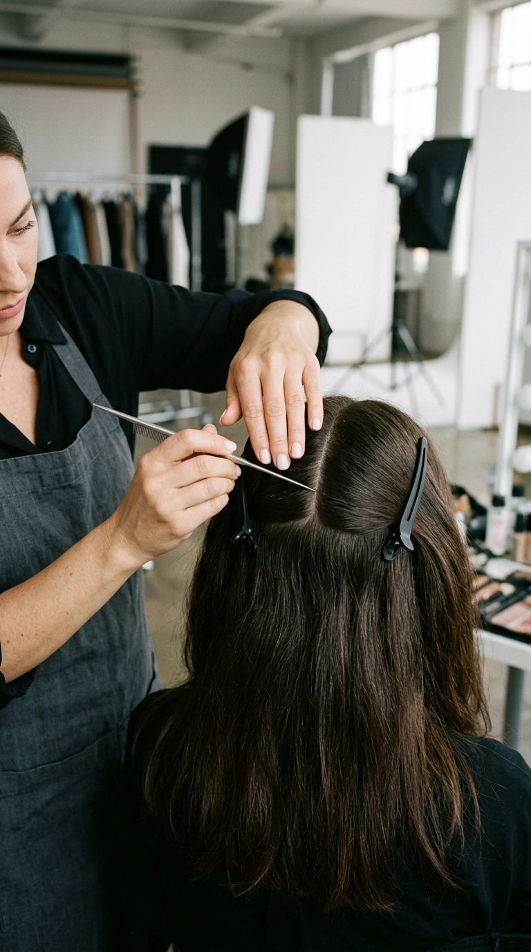 A stylist with well-manicured hands is seen from behind, meticulously sectioning a model's dark hair with a silver tail comb. The hair is split into neat quadrants with elegant matte black clips. Shot on 35mm lens, Nano Banana style, photorealistic skin and hair texture, 9:16 ratio.