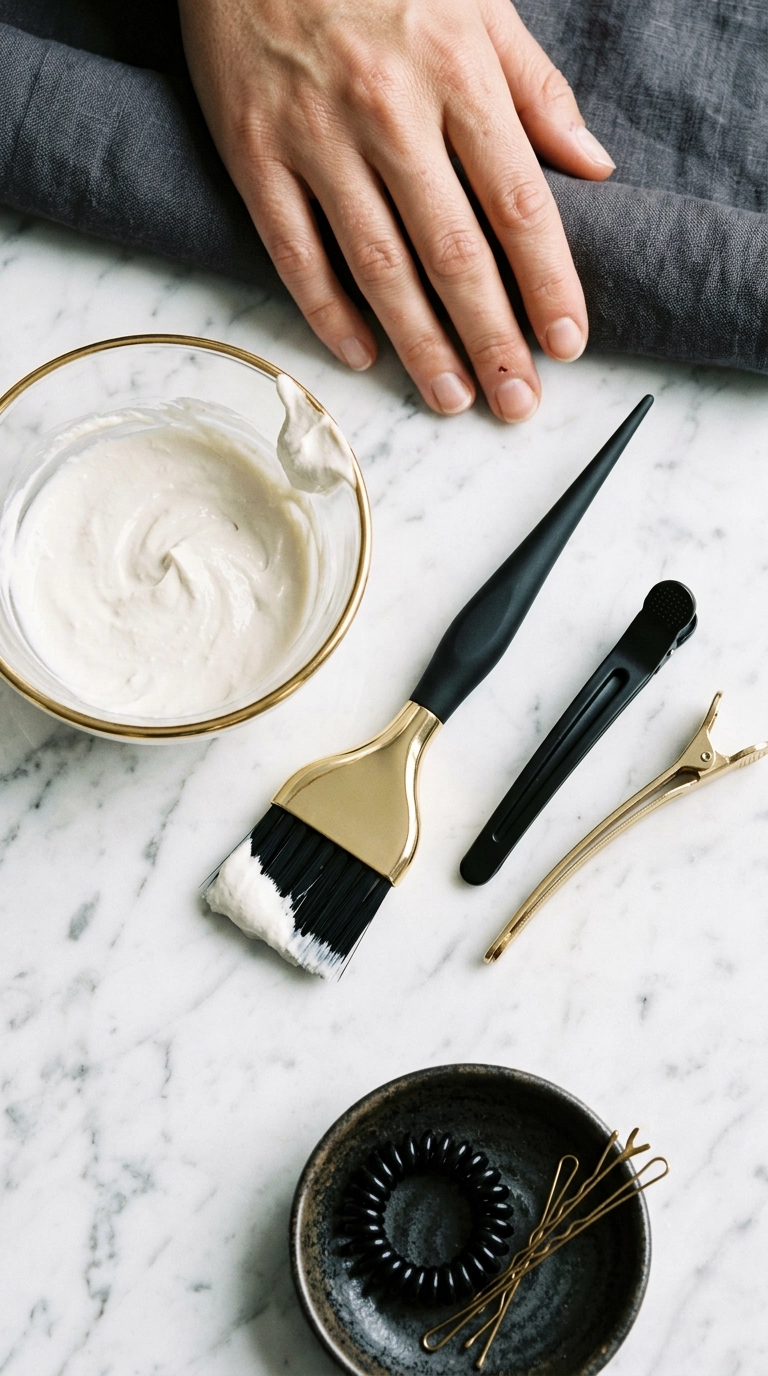 A luxury flat lay of professional hair coloring tools on a white marble surface. A gold-rimmed glass bowl contains thick white clay lightener next to a high-end black tint brush and professional sectioning clips. Shot on 35mm lens, Nano Banana style, soft editorial lighting, 9:16 ratio.