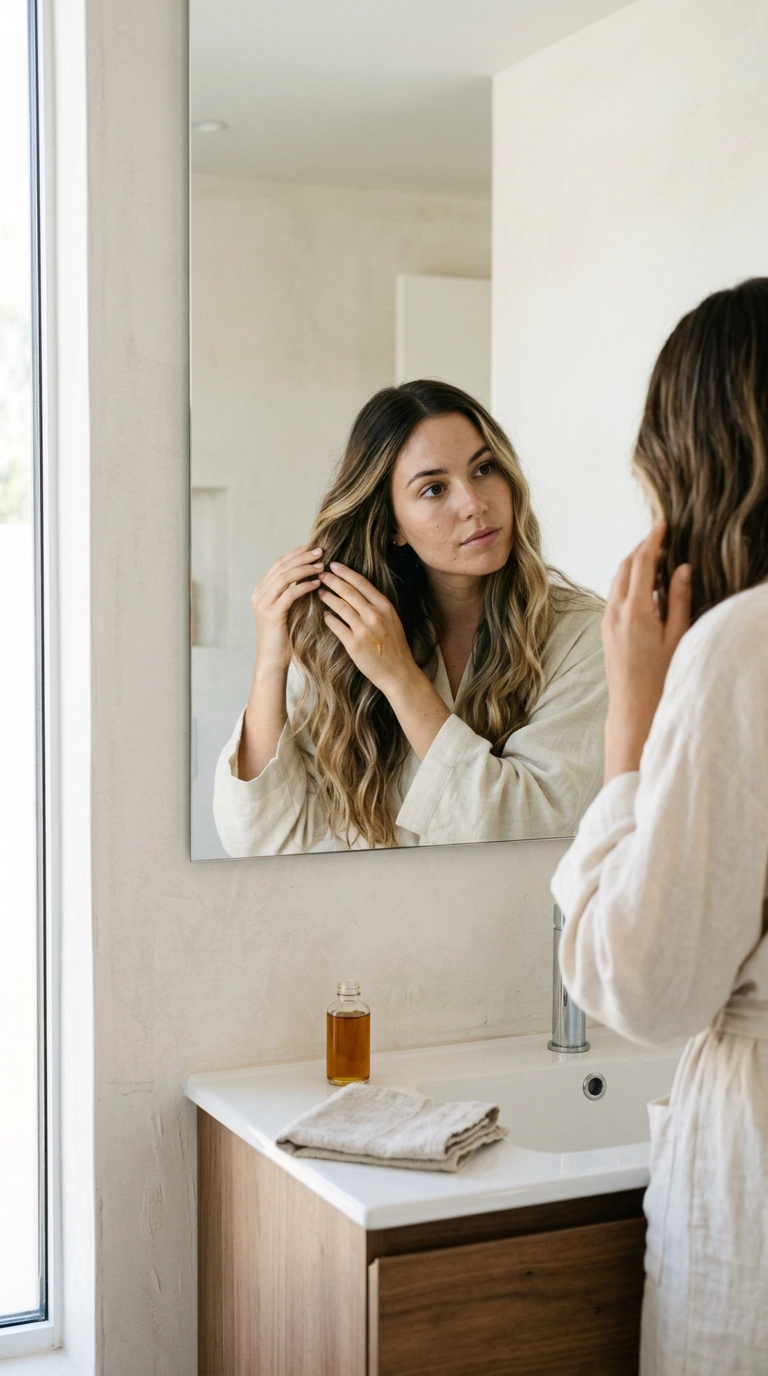 A woman standing in front of a minimalist bathroom mirror, gently applying a hair oil to her long, wavy balayage hair. She is wearing a soft linen robe, and the morning light is bright and airy. Shot on 35mm lens, Nano Banana style, photorealistic, 9:16 ratio.