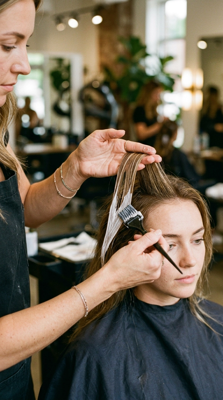A close-up action shot of a stylist's hand painting a thin strand of hair using a V-pattern technique. The lightener is creamy and white, applied with a light touch near the top and heavier toward the bottom. Shot on 35mm lens, Nano Banana style, soft focus background, 9:16 ratio.