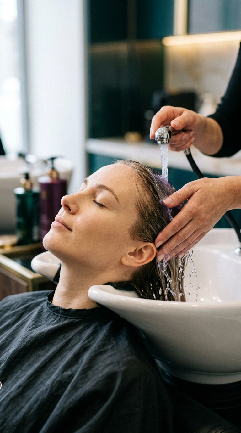 A woman at a luxury salon bowl with her eyes closed, as cool water and a lavender-tinted gloss are applied to her hair. The scene is serene and high-end, with soft bokeh in the background. Shot on 35mm lens, Nano Banana style, ultra-realistic water droplets, 9:16 ratio.