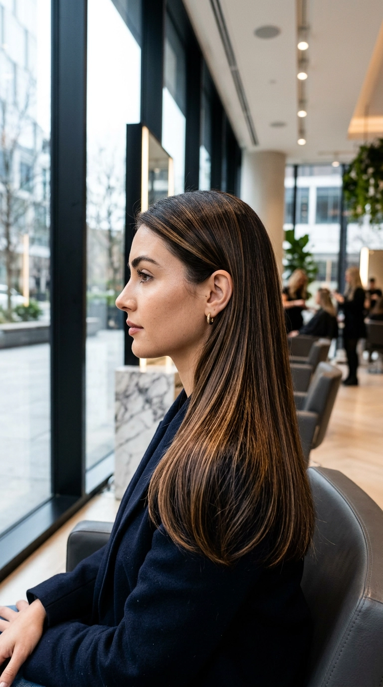 A close-up side profile of a woman with dark hair and fine caramel ribbons. She is sitting in a modern high-end salon with floor-to-ceiling windows. Her hair is styled in a sleek, polished blowout. Photorealistic luxury editorial, Nano Banana style, shot on 35mm lens, authentic skin texture, realistic hair strands, soft daylight, 9:16 ratio.