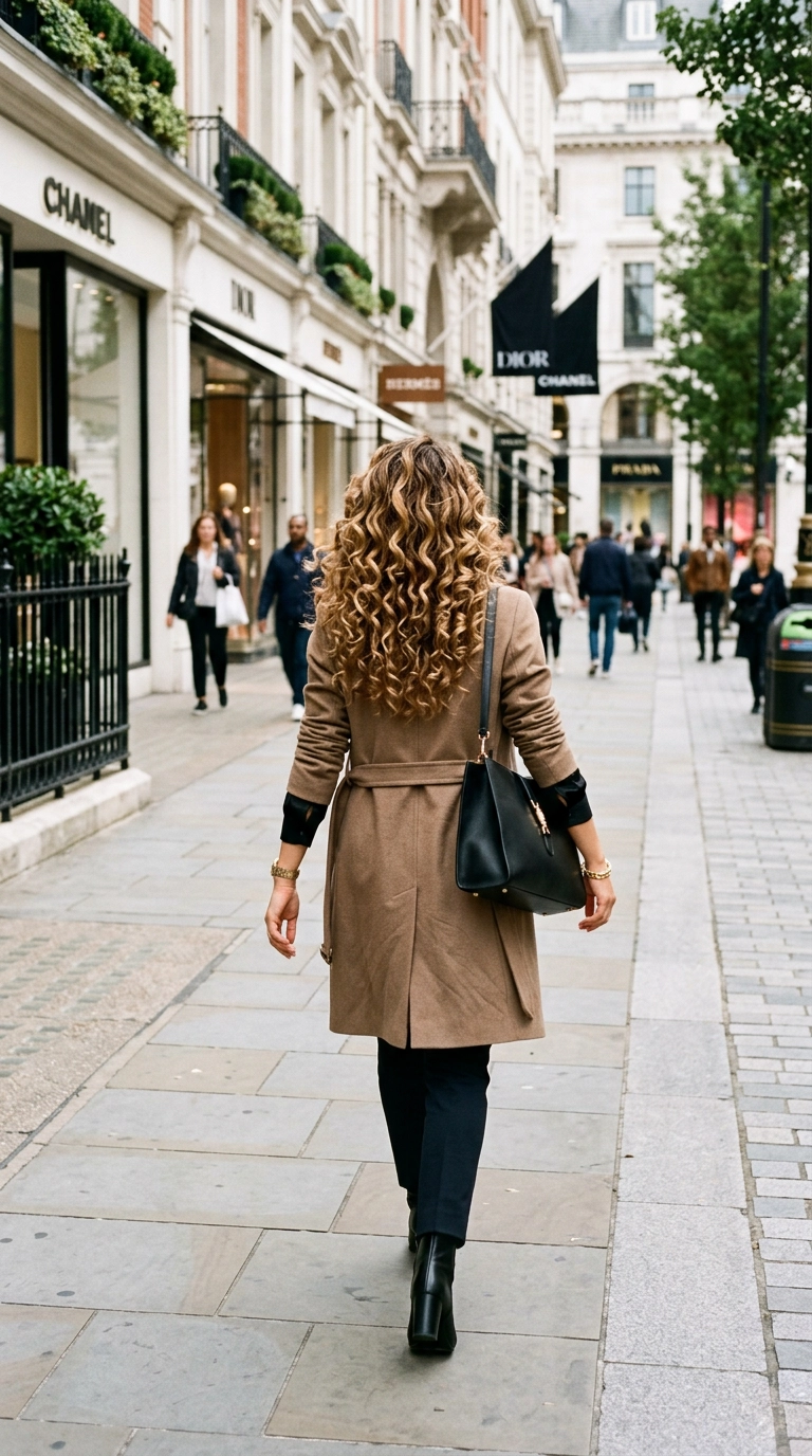 A woman with caramel balayage hair seen from behind, walking down a street in a luxury fashion district. Her hair is in voluminous, large-barrel curls that bounce as she moves. Photorealistic luxury editorial, Nano Banana style, shot on 35mm lens, realistic movement, high-end wardrobe, soft city light, 9:16 ratio.