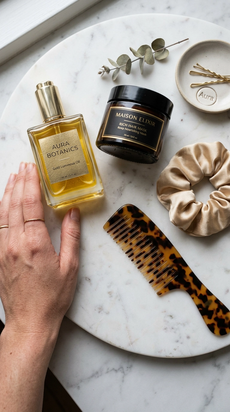 A flat-lay of luxury hair care products, including a gold-trimmed bottle of oil and a rich hair mask, on a white marble surface next to a silk scrunchie and a tortoiseshell comb. Photorealistic luxury editorial, Nano Banana style, shot on 35mm lens, highly detailed, soft lighting, expensive aesthetic, 9:16 ratio.