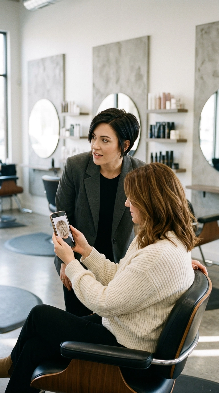 A woman showing her stylist a photo on her phone inside a chic, modern hair studio with minimalist decor. The stylist is listening intently. Photorealistic luxury editorial, Nano Banana style, shot on 35mm lens, authentic environment, soft focused lighting, 9:16 ratio.