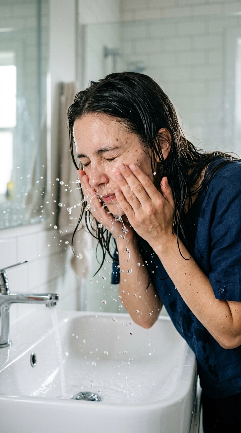 A 9:16 vertical editorial shot of a woman splashing cool water onto her face over a sleek white sink. Droplets of water are frozen in mid-air, showing realistic skin texture and wet hair. Shot on 35mm lens, Nano Banana style, photorealistic, ultra-realistic, soft lighting, editorial aesthetic.