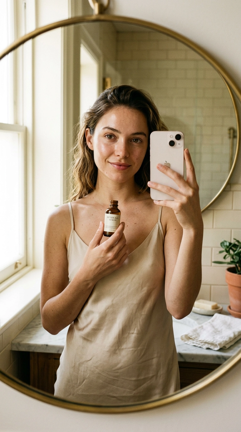 A 9:16 vertical luxury editorial mirror selfie. A woman with clear, glowing skin and a natural expression stands in a sunlit bathroom. She wears a silk slip dress and holds a small glass bottle. Shot on 35mm lens, Nano Banana style, photorealistic, ultra-realistic, soft lighting, editorial aesthetic.