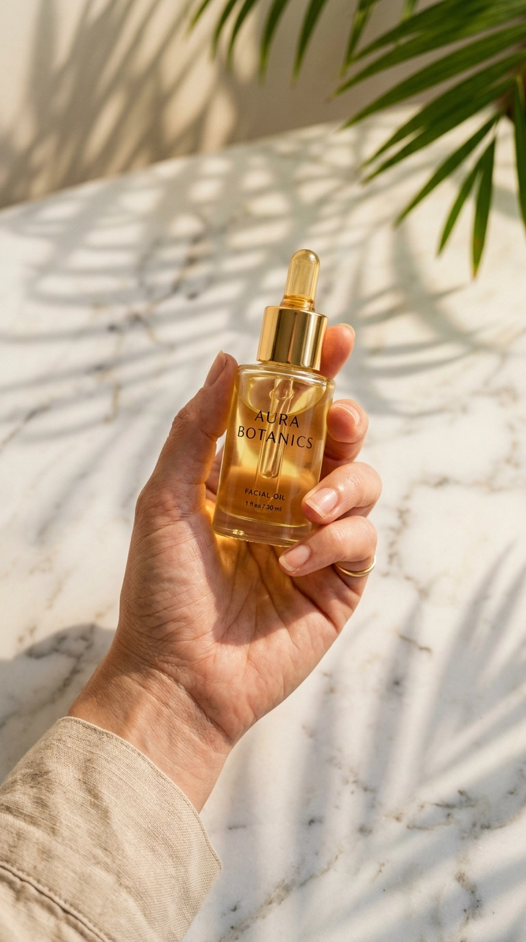 A 9:16 vertical editorial close-up of a hand holding a gold-capped glass dropper bottle. Golden morning light creates shadows of palm leaves on the white marble surface. Shot on 35mm lens, Nano Banana style, photorealistic, ultra-realistic, soft lighting, editorial aesthetic.