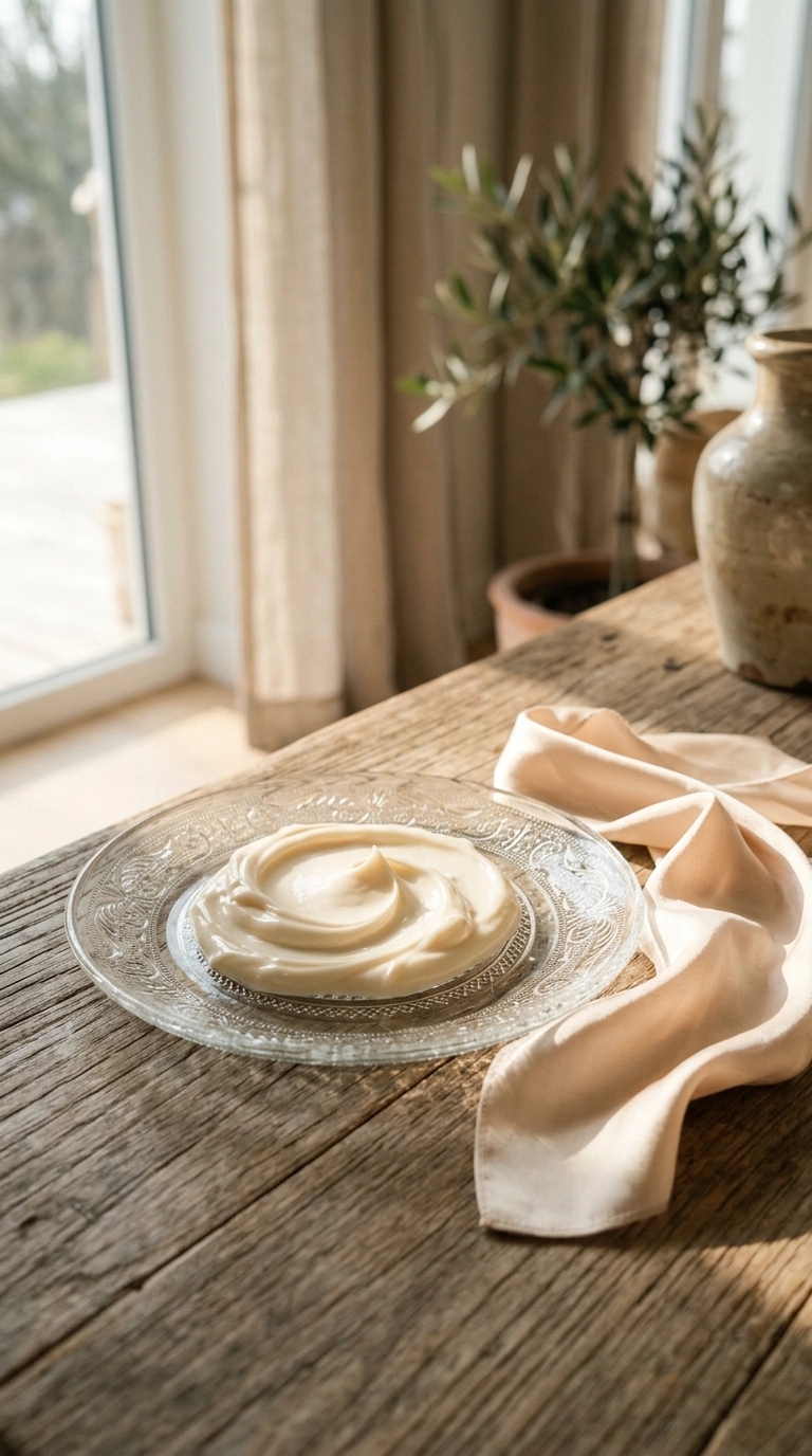 A 9:16 vertical luxury editorial shot of a cream-colored moisturizer swirl on a clear glass plate. A soft silk ribbon sits beside it in a sun-drenched room. Shot on 35mm lens, Nano Banana style, photorealistic, ultra-realistic, soft lighting, editorial aesthetic.