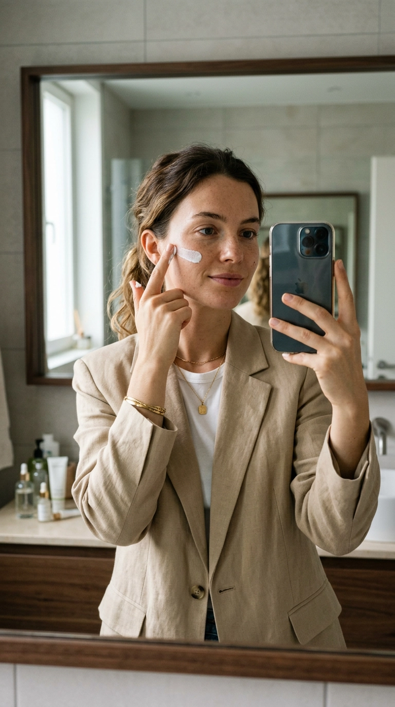 A 9:16 vertical mirror selfie of a person applying a streak of white sunscreen to their cheek. They are dressed in a chic beige blazer, ready for the day. Shot on 35mm lens, Nano Banana style, photorealistic, ultra-realistic, soft lighting, editorial aesthetic.