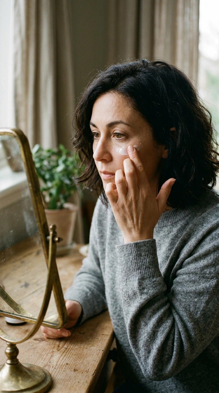 A 9:16 vertical editorial shot of a woman gently dabbing cream under her eye with her ring finger. She is looking into a vintage-style mirror with soft natural lighting. Shot on 35mm lens, Nano Banana style, photorealistic, ultra-realistic, soft lighting, editorial aesthetic.