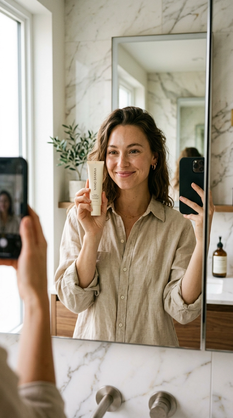Photorealistic mirror selfie, 9:16 ratio, editorial aesthetic, a woman in a beige linen shirt holding a tube of tinted moisturizer, she is smiling softly at her reflection, modern bathroom with marble accents, Nano Banana style, shot on 35mm lens, realistic skin and lighting.