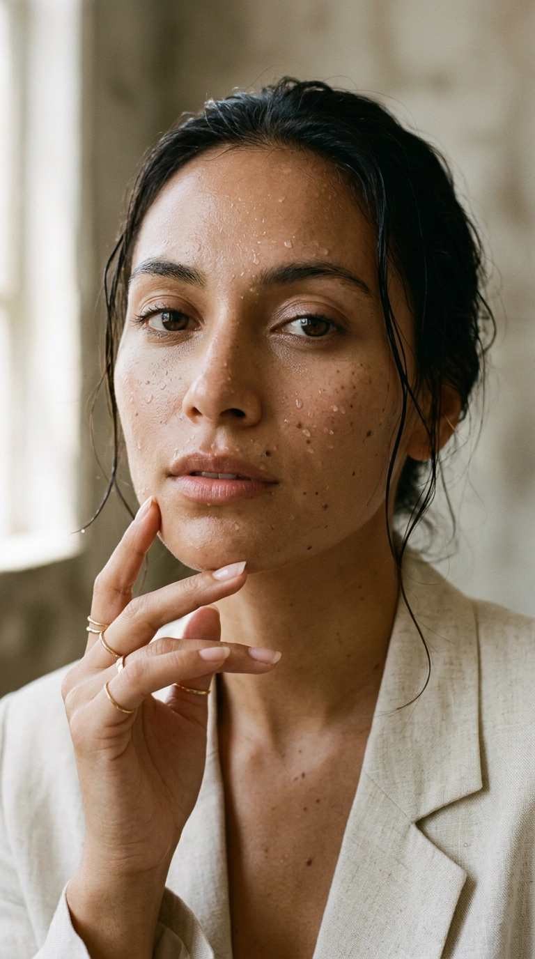 Photorealistic luxury editorial shot, 9:16 ratio, close-up of a woman’s face with damp, glowing skin, water droplets reflecting soft light, her hand gently touching her jawline, Nano Banana style, shot on 35mm lens, ultra-realistic skin texture, soft neutral lighting, editorial aesthetic.