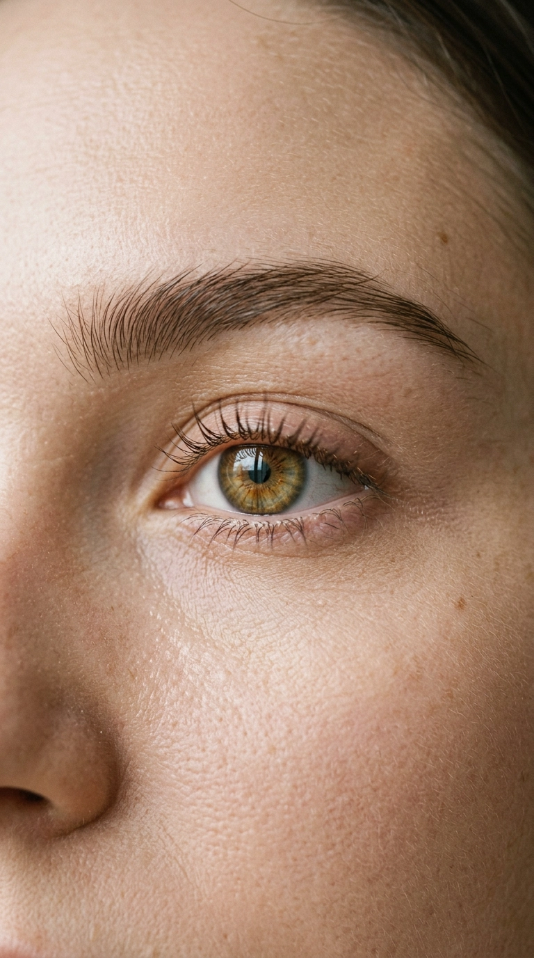 Photorealistic luxury editorial shot, 9:16 ratio, extreme close-up of a woman’s eye and groomed eyebrow, soft brown tones, realistic eyelashes with subtle mascara, Nano Banana style, shot on 35mm lens, highly detailed iris and skin texture, soft natural light.