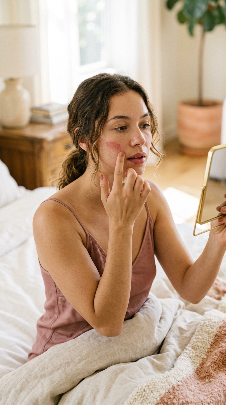 Photorealistic luxury editorial shot, 9:16 ratio, a woman dabbing a rosy cream tint onto her lips and cheeks, soft focus on the background showing a bright bedroom, Nano Banana style, shot on 35mm lens, realistic textures, editorial lighting, warm aesthetic.