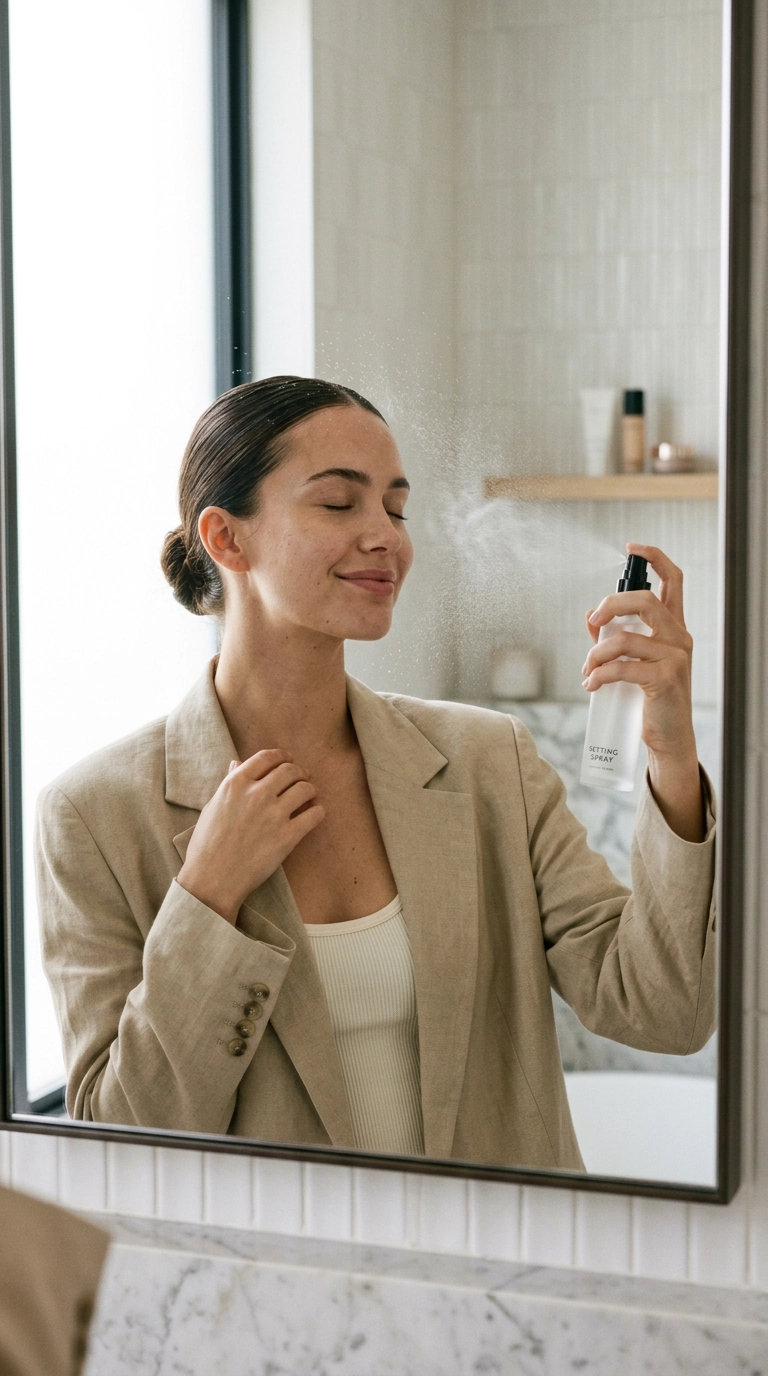 Photorealistic mirror selfie, 9:16 ratio, a woman misting her face with a setting spray, eyes closed in a relaxed expression, her hair is pulled back in a sleek bun, Nano Banana style, shot on 35mm lens, editorial aesthetic, droplets caught in the air, soft lighting.
