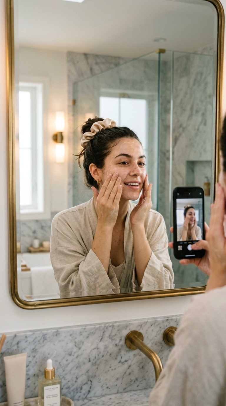 A luxury editorial mirror selfie of a woman with her hair pulled back in a silk scrunchie, gently massaging a creamy cleanser into her face, 9:16 aspect ratio, Nano Banana style, shot on 35mm lens, highly detailed, ultra-realistic, soft bathroom lighting, chic marble background, editorial aesthetic.