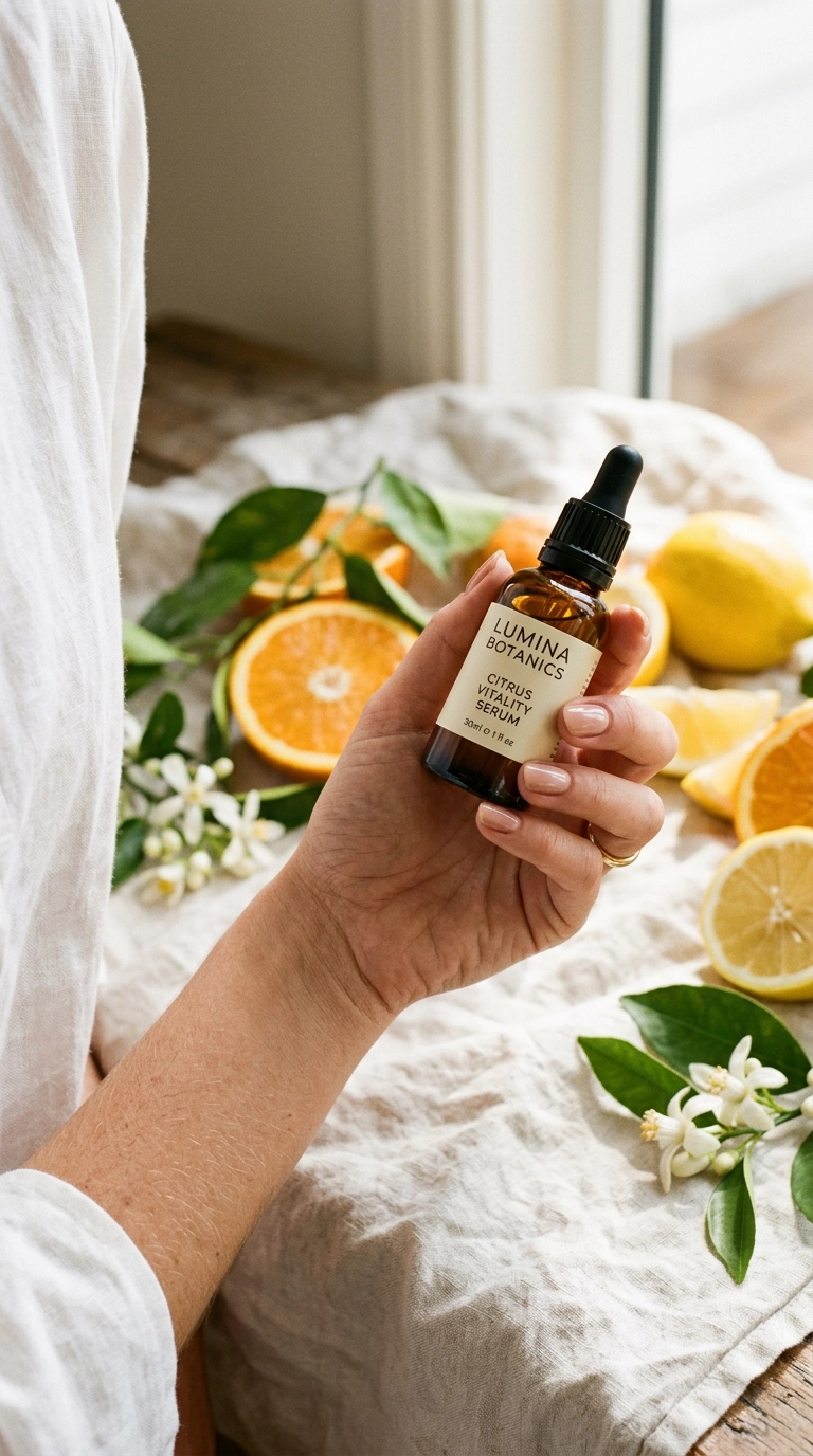 A photorealistic luxury editorial scene showing a close-up of a woman’s hand holding a high-end amber glass dropper bottle against a backdrop of fresh citrus and white linen, 9:16 aspect ratio, Nano Banana style, shot on 35mm lens, highly detailed, ultra-realistic, bright natural sunlight, editorial aesthetic.
