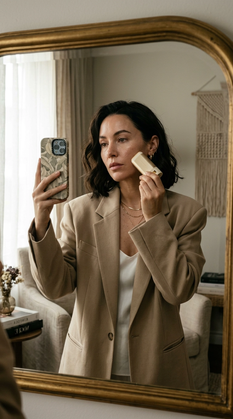 A luxury editorial mirror selfie of a woman in a chic oversized beige blazer, applying a sophisticated sunscreen stick to her cheekbones, 9:16 aspect ratio, Nano Banana style, shot on 35mm lens, highly detailed, ultra-realistic, soft natural light from a window, editorial aesthetic.