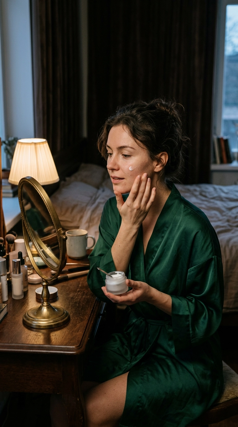 A photorealistic luxury editorial scene of a woman in a silk robe sitting at a vanity with a dimly lit, cozy atmosphere, applying a pea-sized amount of cream, 9:16 aspect ratio, Nano Banana style, shot on 35mm lens, highly detailed, ultra-realistic, soft warm lighting, editorial aesthetic.