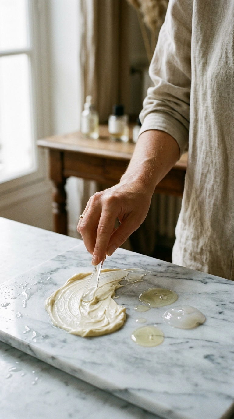 A photorealistic luxury editorial scene of various high-end skincare textures—creams, oils, and gels—artfully smeared on a marble slab, 9:16 aspect ratio, Nano Banana style, shot on 35mm lens, highly detailed, ultra-realistic, soft natural light, editorial aesthetic.