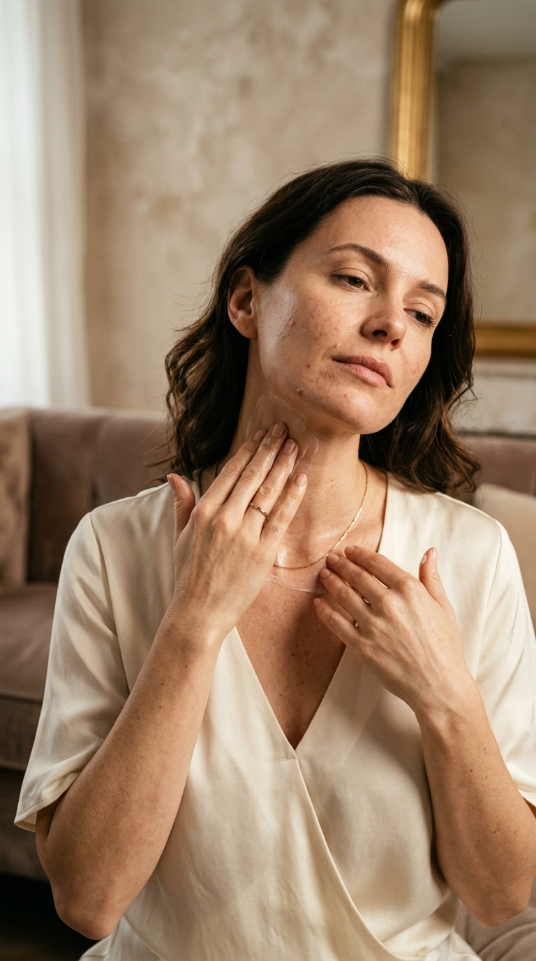 A photorealistic luxury editorial beauty scene of a woman gently applying cream to her neck and décolletage, wearing a low-cut silk top, 9:16 aspect ratio, Nano Banana style, shot on 35mm lens, highly detailed, ultra-realistic, soft side-lighting, editorial aesthetic.
