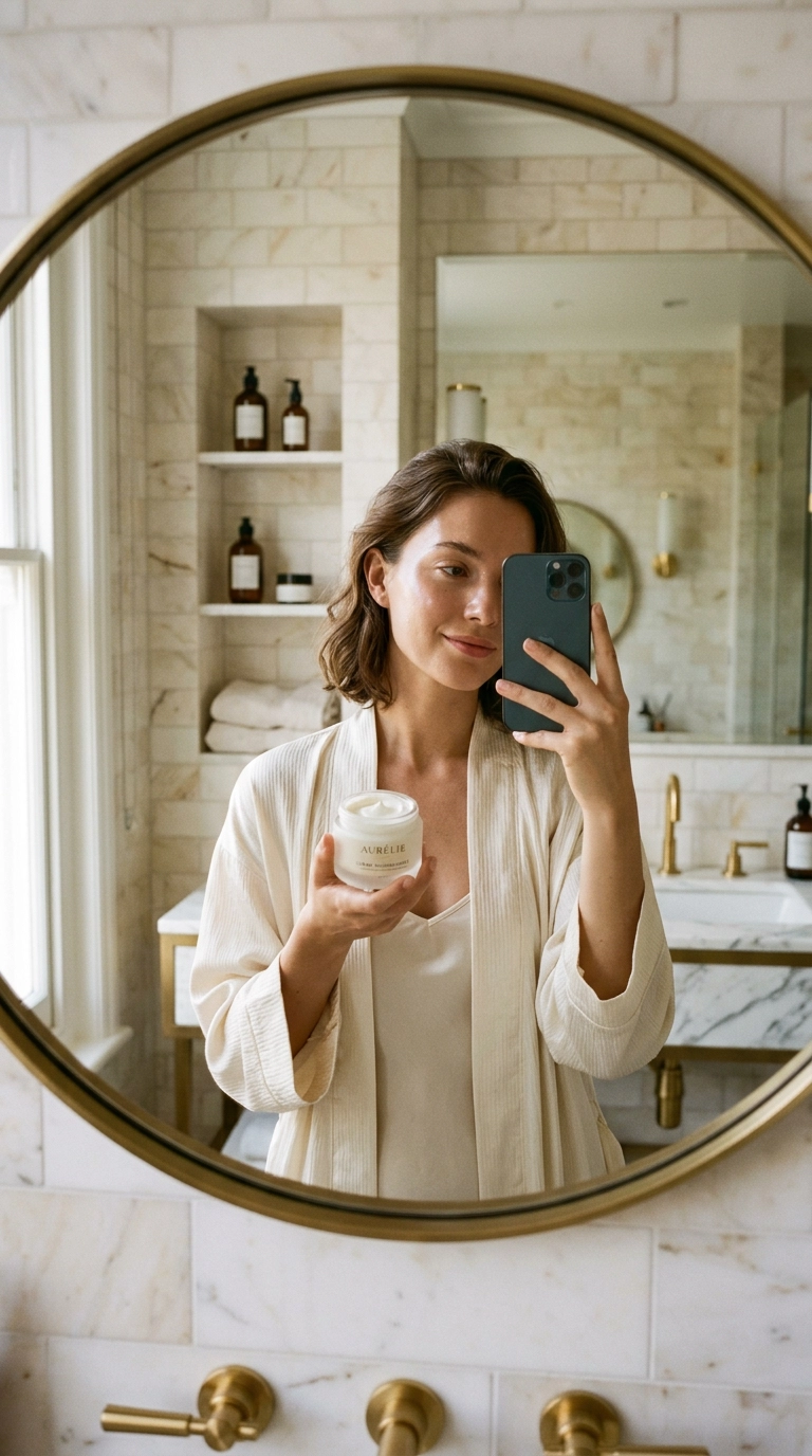 A luxury editorial mirror selfie showing a woman with glowing skin, holding a frosted glass jar of thick cream, luxury bathroom with gold accents, 9:16 aspect ratio, Nano Banana style, shot on 35mm lens, highly detailed, ultra-realistic, soft lighting, editorial aesthetic.