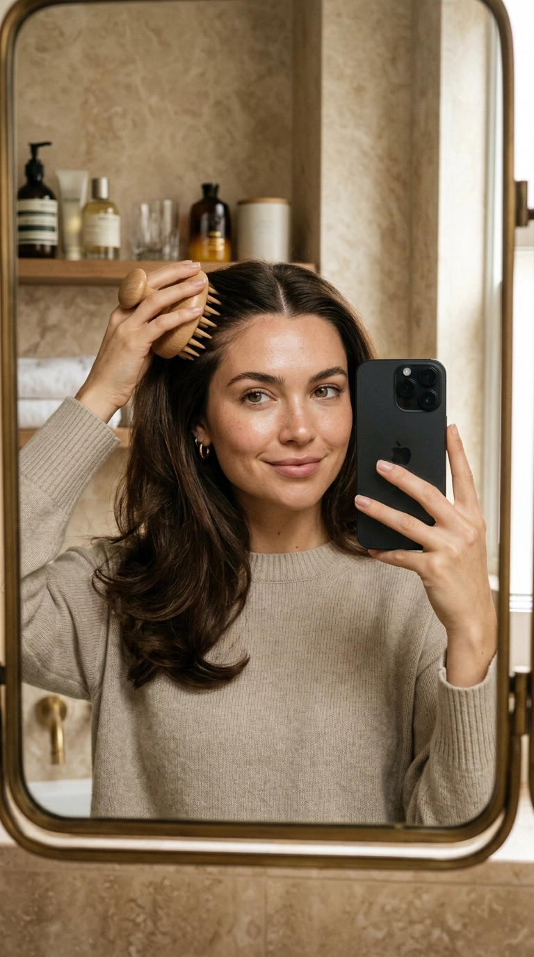 A photorealistic luxury editorial shot in 9:16 ratio. A close-up mirror selfie of a woman using a wooden scalp massager on her roots. Her hair is parted neatly, showing healthy scalp texture. The bathroom background features soft beige tones and luxury apothecary bottles. Nano Banana style, shot on 35mm lens, highly detailed, ultra-realistic, soft lighting, editorial aesthetic.