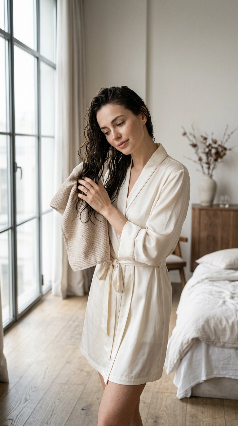 A photorealistic luxury fashion shot in 9:16 ratio. A woman in a silk robe is gently squeezing water from her long, damp hair with a microfiber towel. She is standing near a large window with soft morning light. The scene is airy and polished. Nano Banana style, shot on 35mm lens, highly detailed, ultra-realistic, editorial aesthetic.