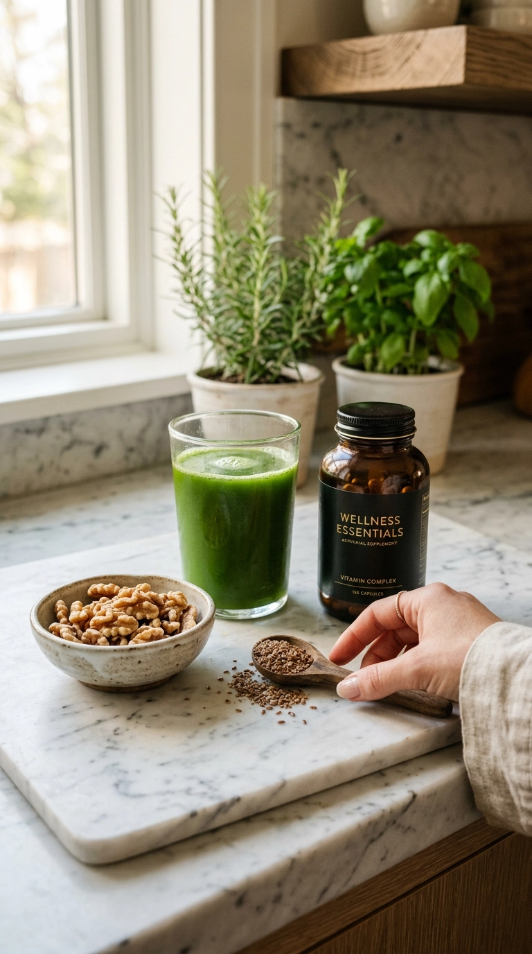 A photorealistic luxury lifestyle shot in 9:16 ratio. A flat lay of a glass of green juice, a bowl of walnuts, and a small wooden spoon of flaxseeds on a marble countertop. Beside the food sits a sleek bottle of supplements. Soft, warm lighting. Nano Banana style, shot on 35mm lens, highly detailed, ultra-realistic, editorial aesthetic.