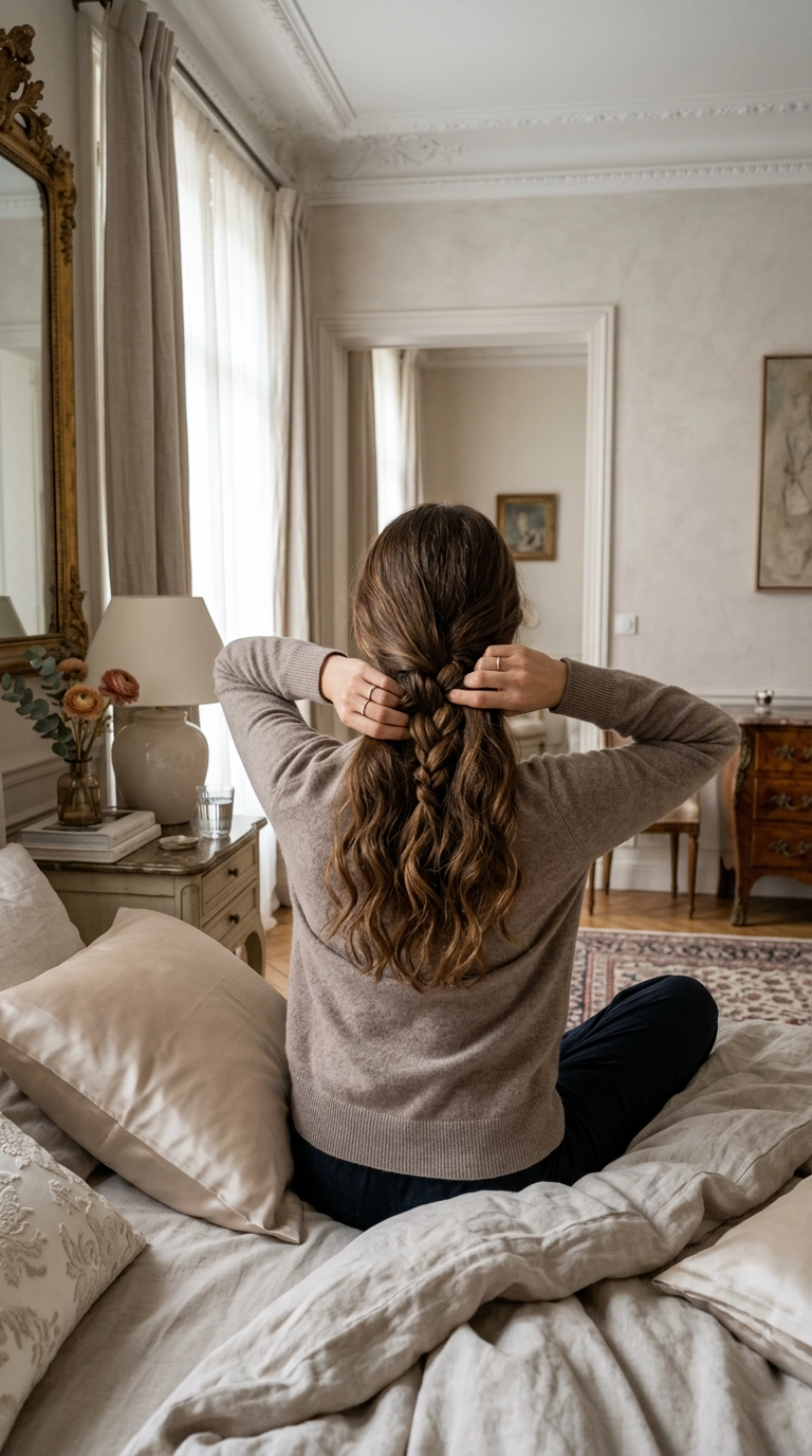 A photorealistic luxury editorial shot in 9:16 ratio. A woman is seen from behind, sitting on a bed with a silk pillowcase. She is braiding her long hair into a loose, low plait. She wears a neutral-toned cashmere sweater. The room is decorated in a Parisian chic style. Nano Banana style, shot on 35mm lens, highly detailed, ultra-realistic, soft lighting, editorial aesthetic.