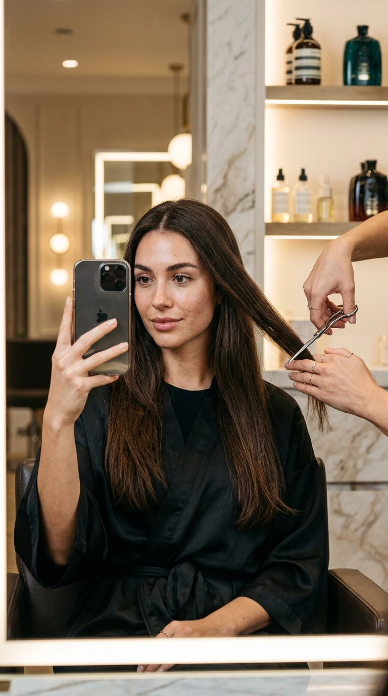 A photorealistic luxury editorial shot in 9:16 ratio. A close-up mirror selfie of a woman in a chic salon setting. A stylist's hand is visible, using professional scissors to trim just the very tips of her long, healthy hair. The background is blurred with warm, high-end salon lighting. Nano Banana style, shot on 35mm lens, highly detailed, ultra-realistic, editorial aesthetic.