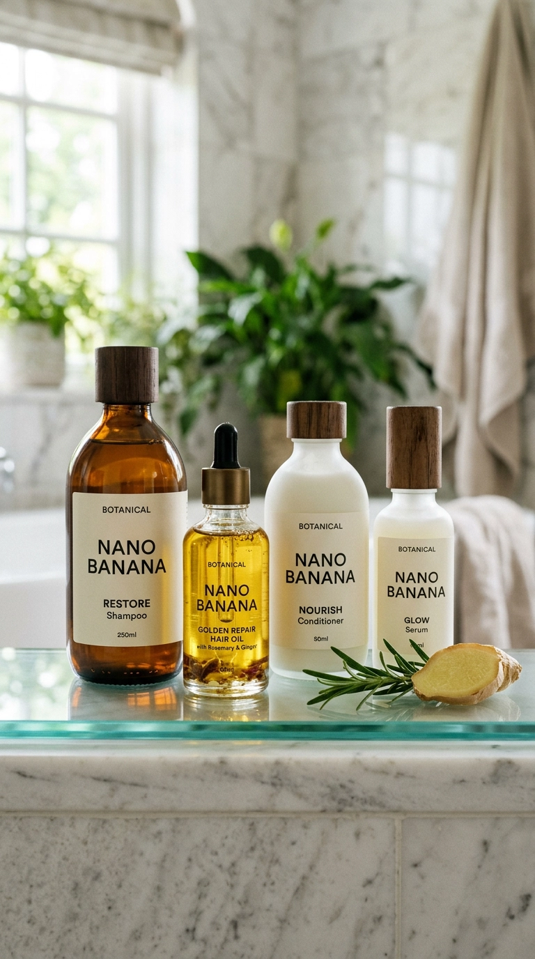 A photorealistic luxury editorial shot in 9:16 ratio. An aesthetic arrangement of luxury hair care bottles on a glass shelf. One bottle is clear, showing a golden oil inside. A small sprig of fresh rosemary and a slice of ginger lie next to the bottles. Nano Banana style, shot on 35mm lens, highly detailed, ultra-realistic, soft lighting, editorial aesthetic.