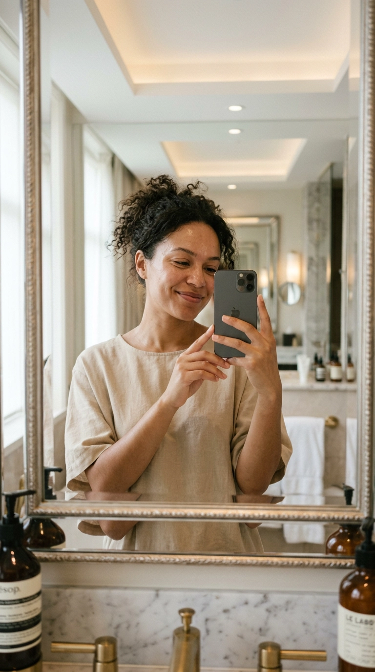 9:16 ratio, mirror selfie of a woman with a gentle smile, her face has a slight glow from a milky cleanser, shot on 35mm lens, luxury bathroom, soft lighting, Nano Banana style, photorealistic, editorial aesthetic, natural hair texture.