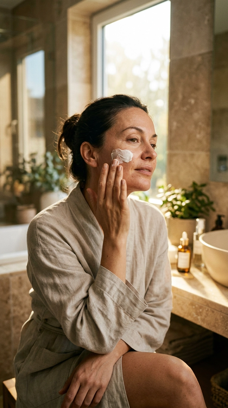9:16 ratio, luxury editorial shot of a woman applying a thick white cream to her cheek in a sun-drenched modern bathroom, realistic skin texture, 35mm lens, soft lighting, Nano Banana style, photorealistic.