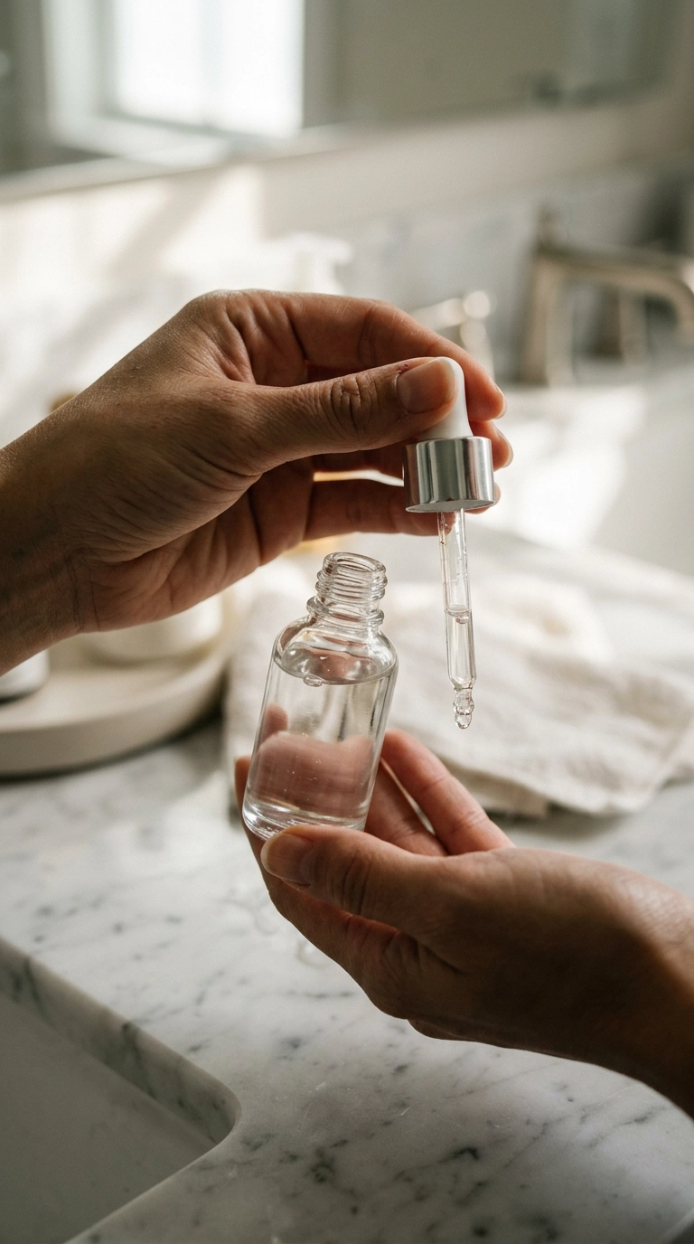 9:16 ratio, close-up shot on 35mm lens of a glass dropper bottle of clear serum being held over a marble vanity, soft morning shadows, luxury editorial aesthetic, Nano Banana style, ultra-realistic skin on hands.