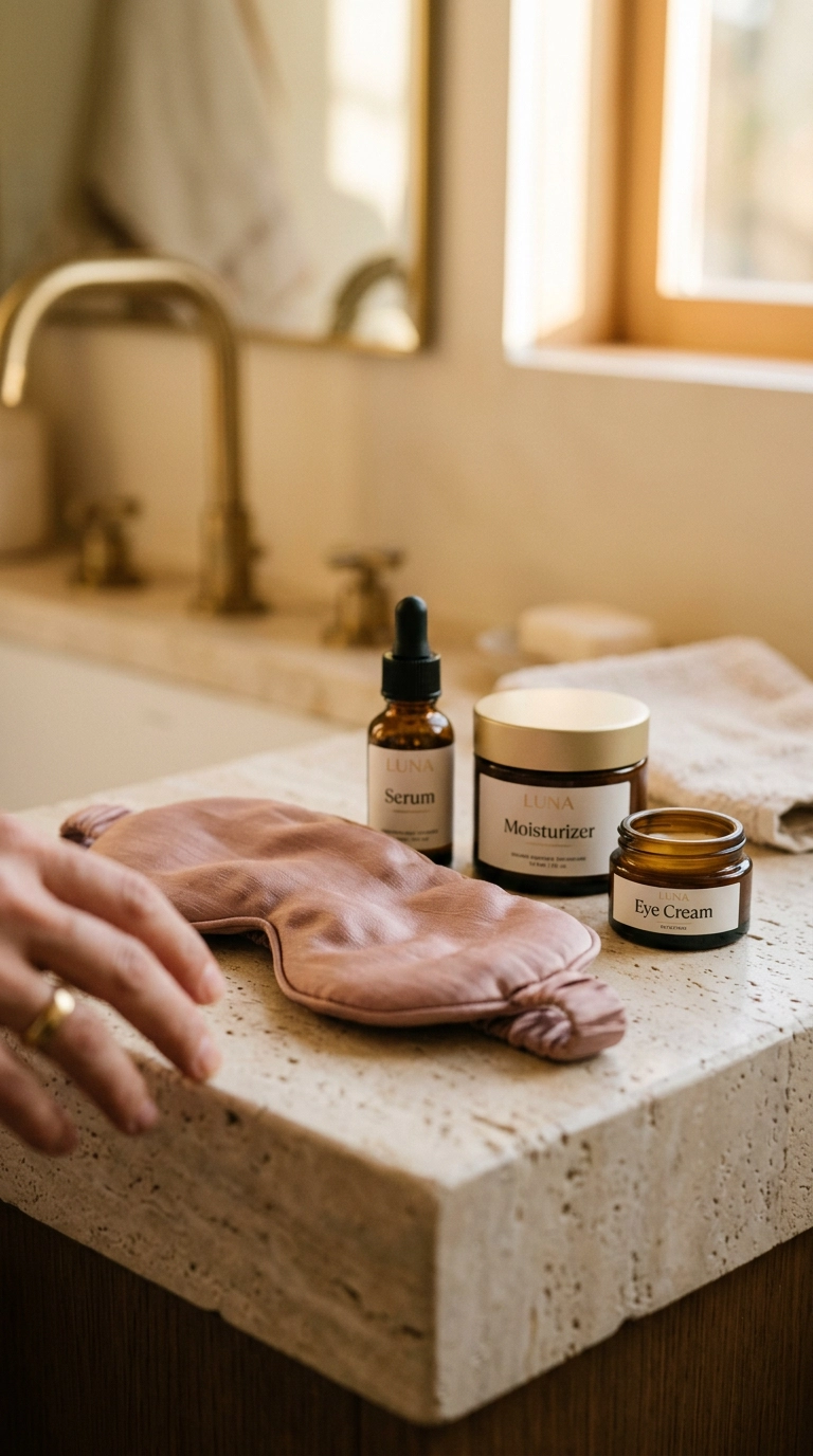 9:16 ratio, close-up of a bathroom counter with a silk eye mask and several glass skincare jars, warm ambient lighting, photorealistic details, 35mm lens, Nano Banana style, editorial aesthetic.