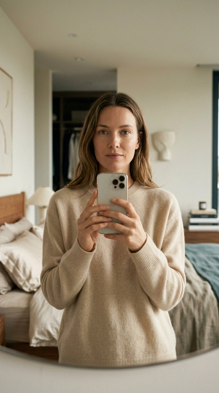 9:16 ratio, a mirror selfie of a woman with calm, clear skin wearing a soft beige cashmere sweater, soft ambient lighting, high-end bedroom background, photorealistic, 35mm lens, Nano Banana style.