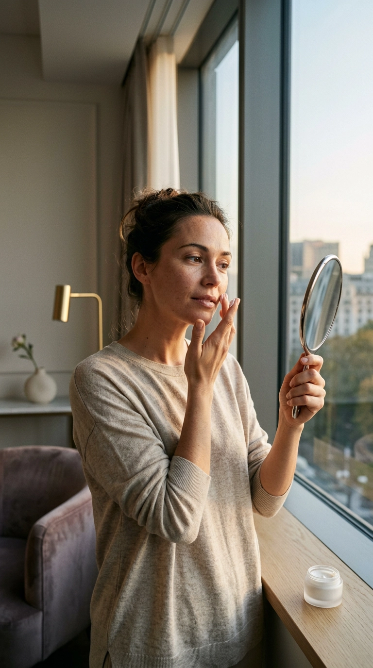 9:16 ratio, a woman standing by a large window with soft sunlight hitting her face, she is applying a creamy product, shot on 35mm lens, luxury interior, photorealistic, Nano Banana style.