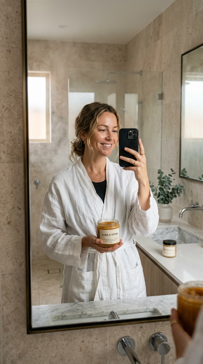 A chic mirror selfie of a woman wearing a white linen robe in a modern limestone bathroom, holding a luxury glass jar of body scrub, soft steam in the air, 9:16 ratio, Nano Banana style, photorealistic, shot on 35mm lens, highly detailed, ultra-realistic, soft lighting, editorial aesthetic.