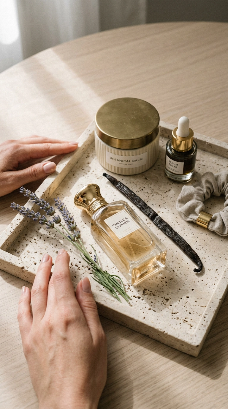 A flat lay of luxury beauty items on a travertine tray, including a vanilla bean, a sprig of lavender, and a gold-capped perfume bottle, 9:16 ratio, Nano Banana style, photorealistic, shot on 35mm lens, highly detailed, ultra-realistic, soft lighting, editorial aesthetic.