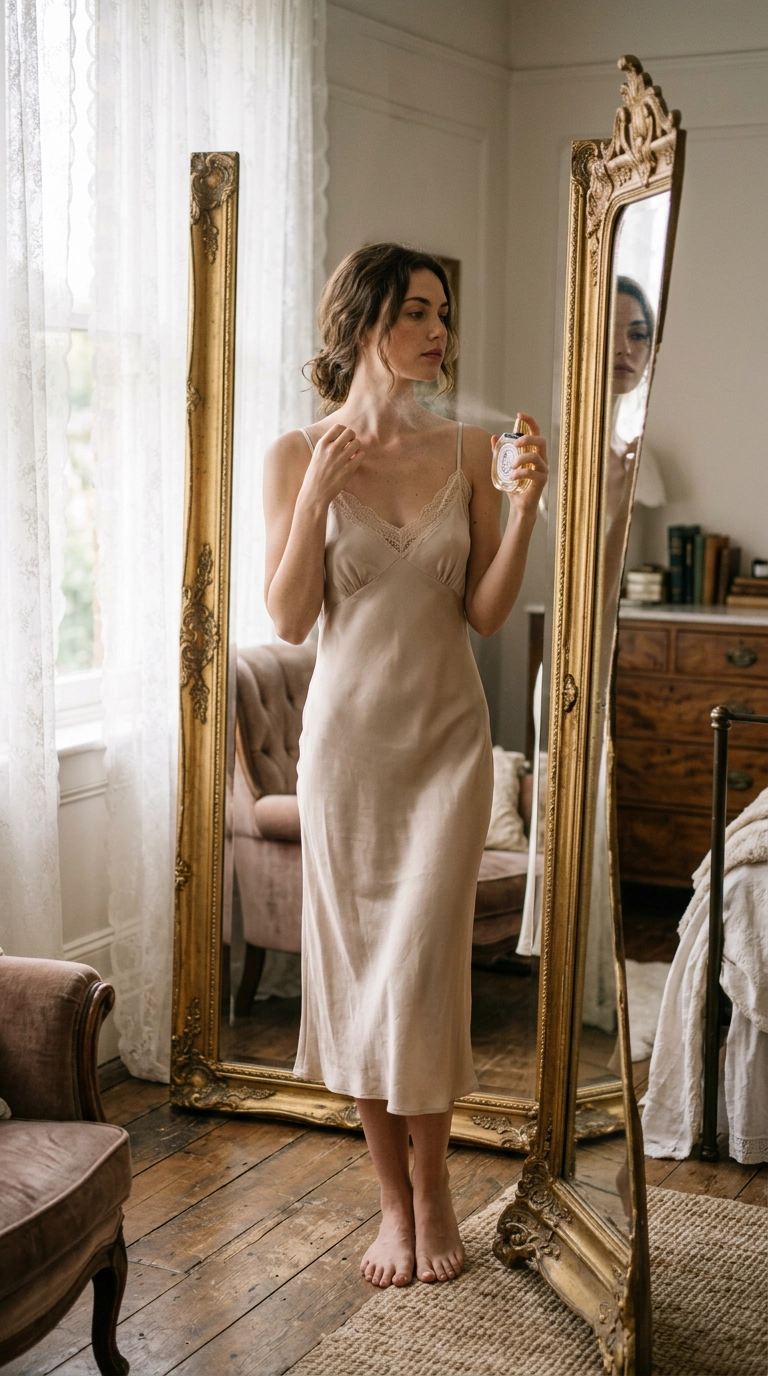 A woman in a silk slip dress standing before a tall gilded mirror, delicately misting a perfume bottle toward her neck, soft morning light, 9:16 ratio, Nano Banana style, photorealistic, shot on 35mm lens, highly detailed, ultra-realistic, soft lighting, editorial aesthetic.