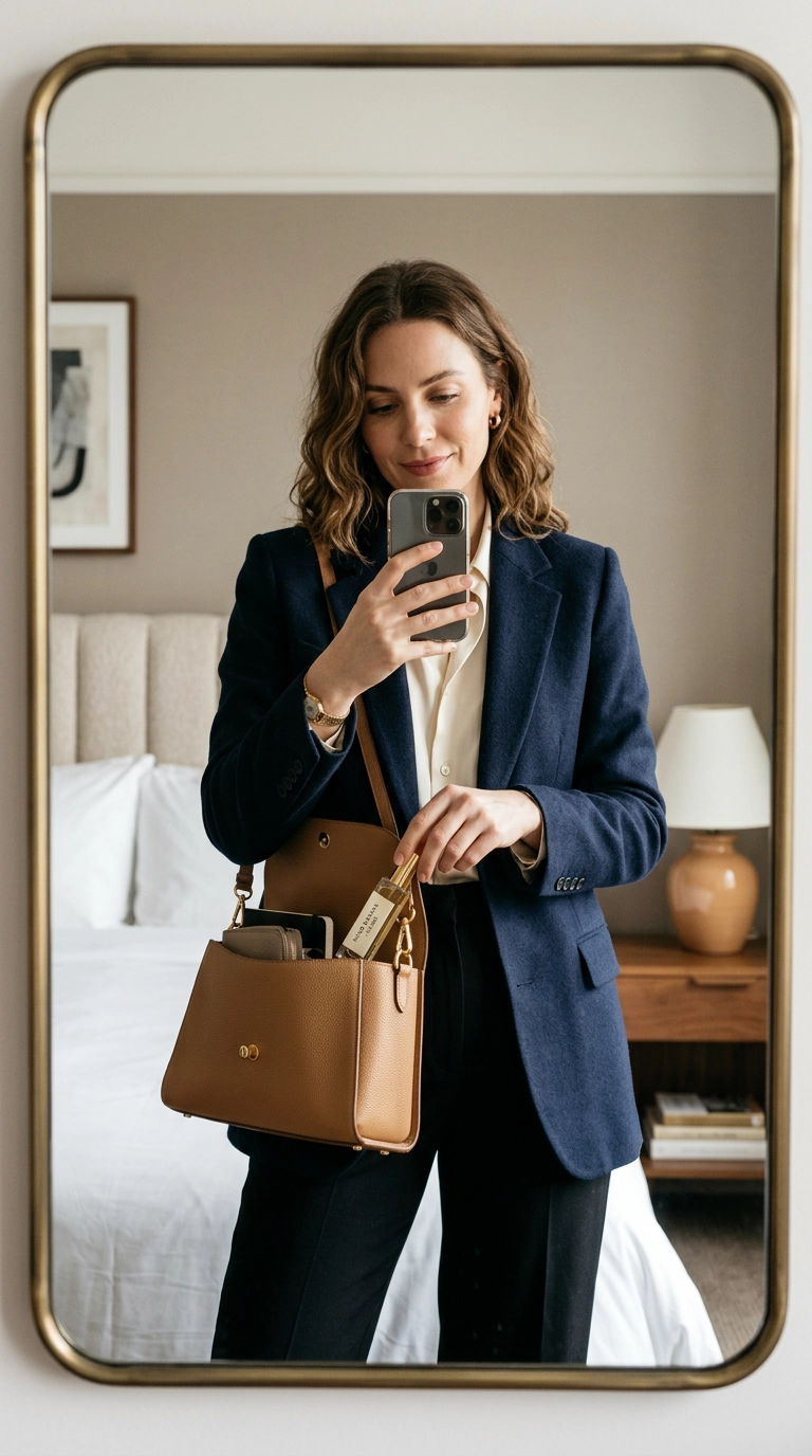 A mirror selfie of a woman in a stylish blazer, pulling a small travel-sized perfume atomizer out of a chic leather handbag, 9:16 ratio, Nano Banana style, photorealistic, shot on 35mm lens, highly detailed, ultra-realistic, soft lighting, editorial aesthetic.
