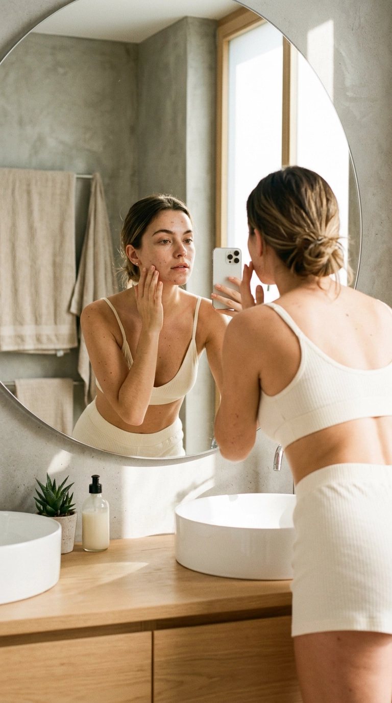 Luxury editorial mirror selfie, a woman in a minimalist cotton bra and shorts checking her skin in a modern sunlit bathroom, realistic skin texture, soft lighting, Nano Banana style, shot on 35mm lens, 9:16 ratio
