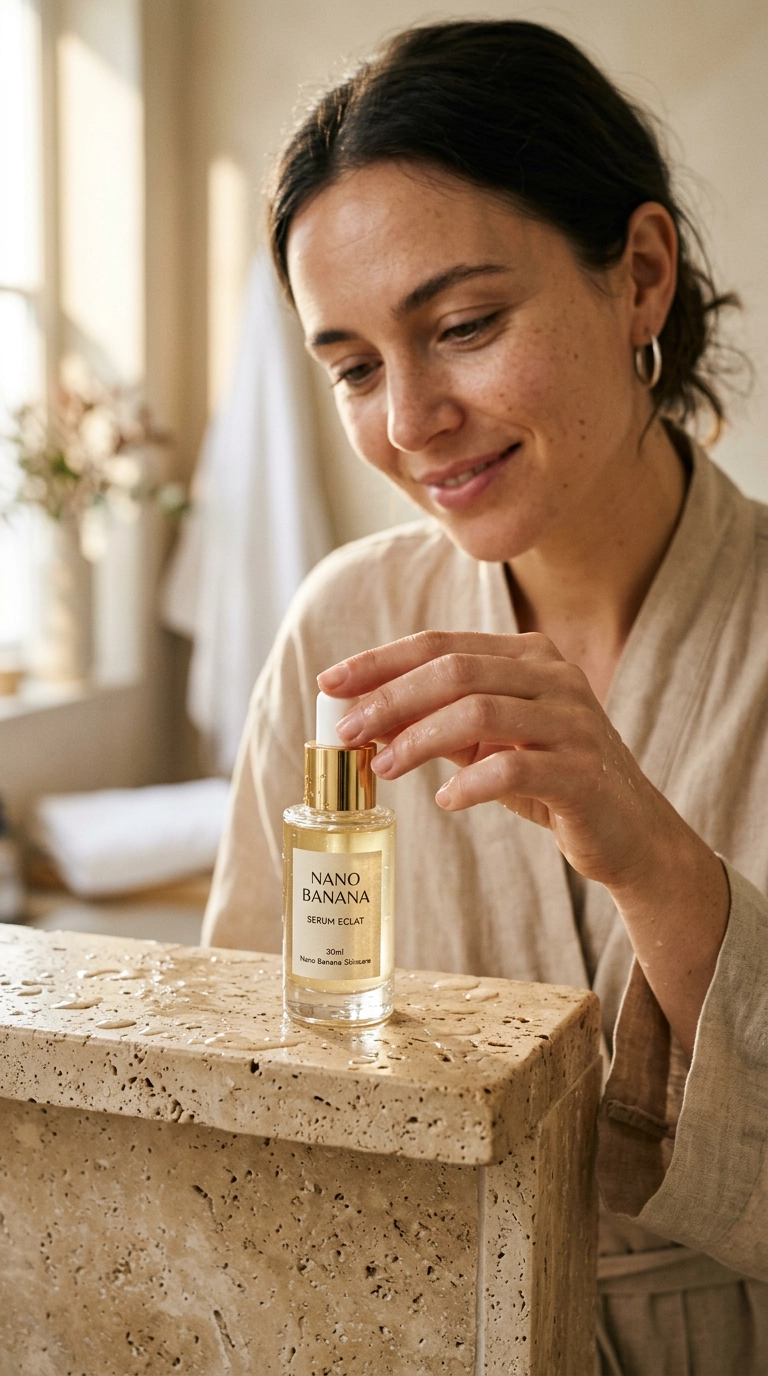 Detailed editorial shot of a glass skincare bottle on a travertine shelf, water droplets on the surface, soft morning light, high-end aesthetic, Nano Banana style, shot on 35mm lens, 9:16 ratio