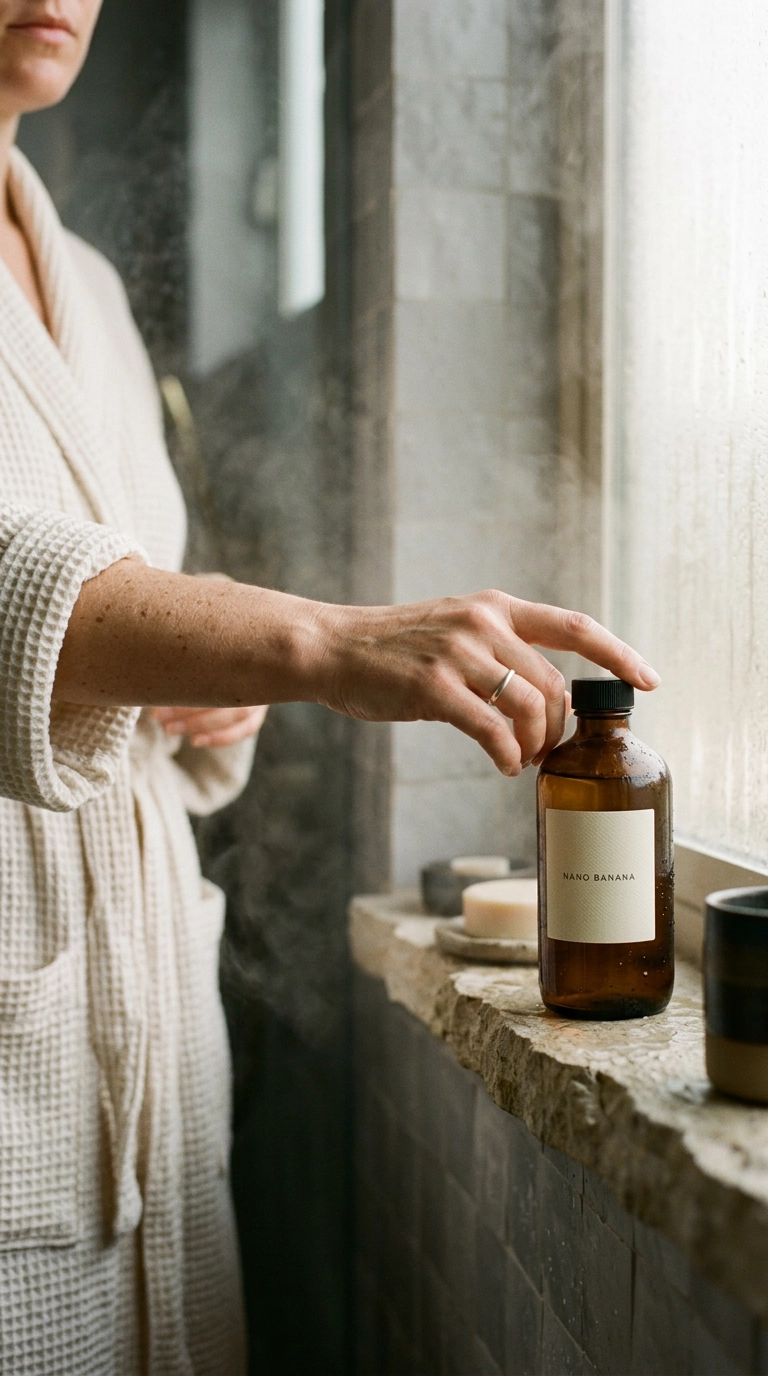 Aesthetic bathroom scene, steam rising, a person’s arm reaching for a minimalist bottle on a stone shelf, soft focus, editorial style, Nano Banana style, shot on 35mm lens, 9:16 ratio
