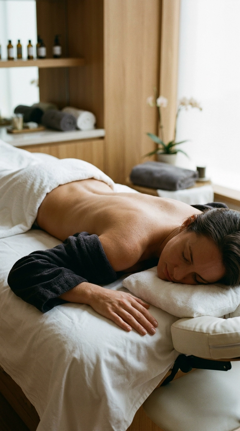 Editorial shot of a woman lying on a white massage table in a high-end spa, focus on the smooth skin of her back, warm ambient lighting, Nano Banana style, shot on 35mm lens, 9:16 ratio
