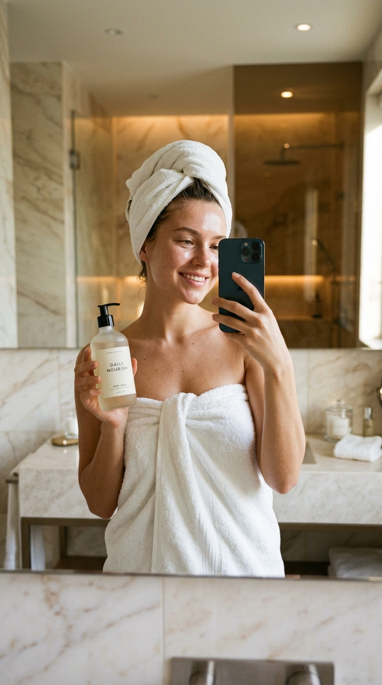 A chic mirror selfie of a woman in a fluffy white towel, her skin looks hydrated and fresh. She is holding a simple, elegant pump bottle of body wash. The background is a modern marble bathroom with soft, warm lighting. Nano Banana style, photorealistic, shot on 35mm lens, 9:16 ratio.