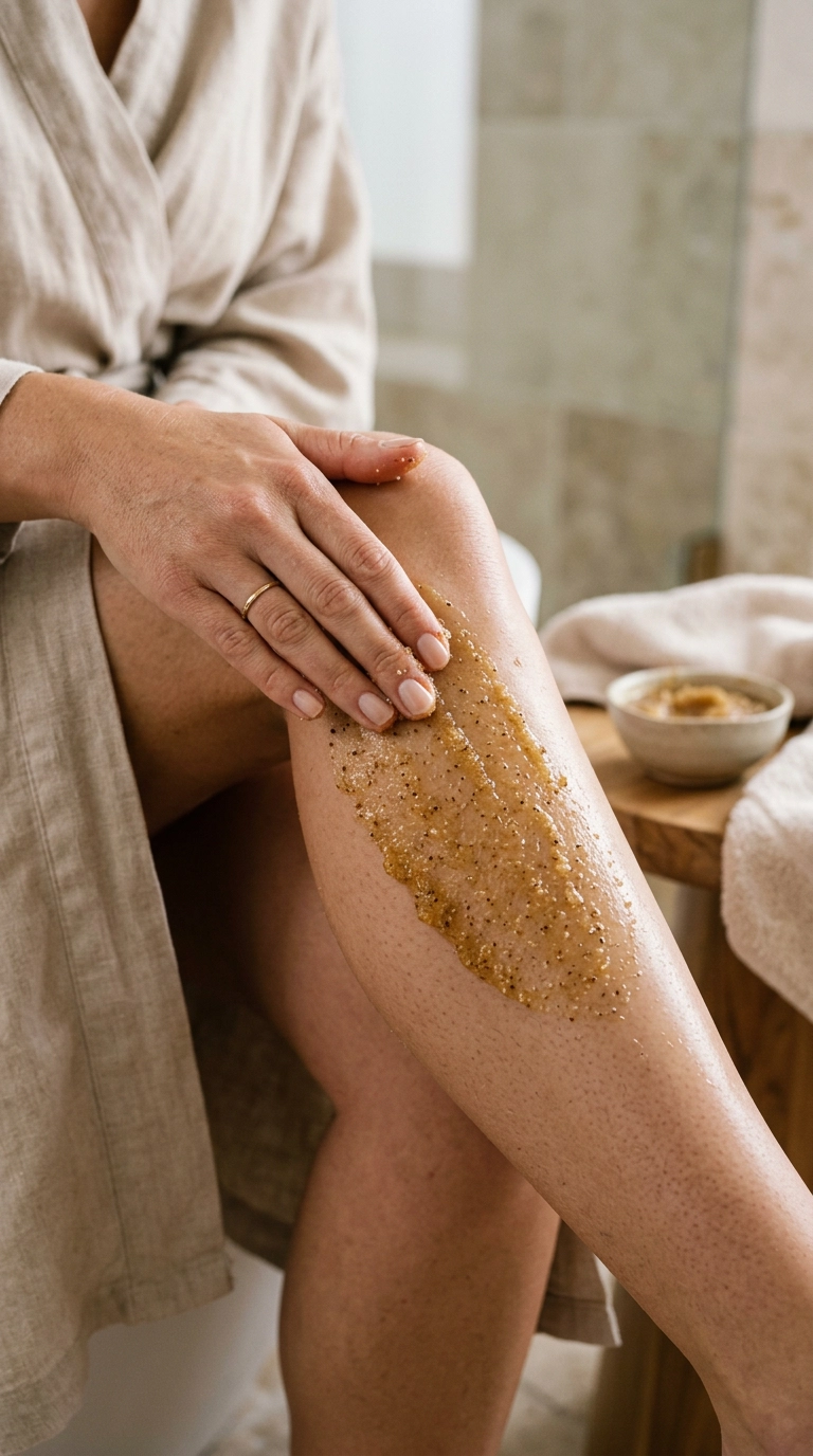 An aesthetic close-up of a person's hand gently applying a grainy, honey-colored body scrub to their leg. The lighting is soft and editorial, highlighting the texture of the scrub and the skin. Shot on 35mm lens, Nano Banana style, ultra-realistic, 9:16 ratio.